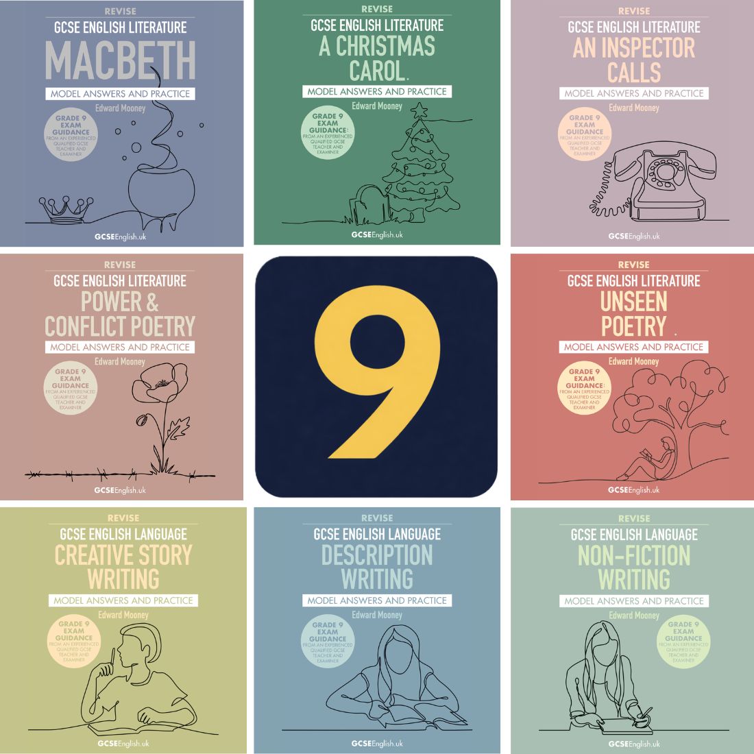 Nine GCSEEnglish.uk Grade 9 model answer book covers including Macbeth, A Christmas Carol, An Inspector Calls, Power and Conflict Poetry, Unseen Poetry, Creative Writing, Description Writing and Non-Fiction Writing, arranged around a navy and gold number 9 logo.