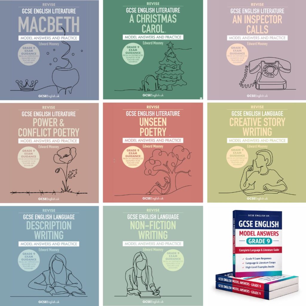Collection of GCSE English Grade 9 revision guides including literature texts, poetry and language writing titles