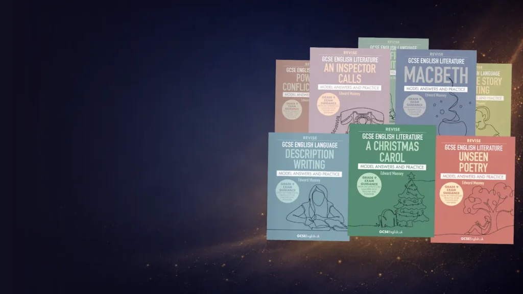 Eight GCSEEnglish.uk Grade 9 model answer book covers for AQA English Language and Literature displayed in a premium stack layout on a navy background.