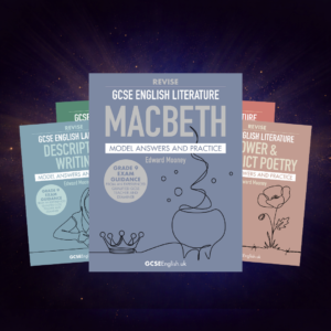 Stack of GCSE English revision guide covers including Macbeth model answers and Power & Conflict poetry on dark starry background.